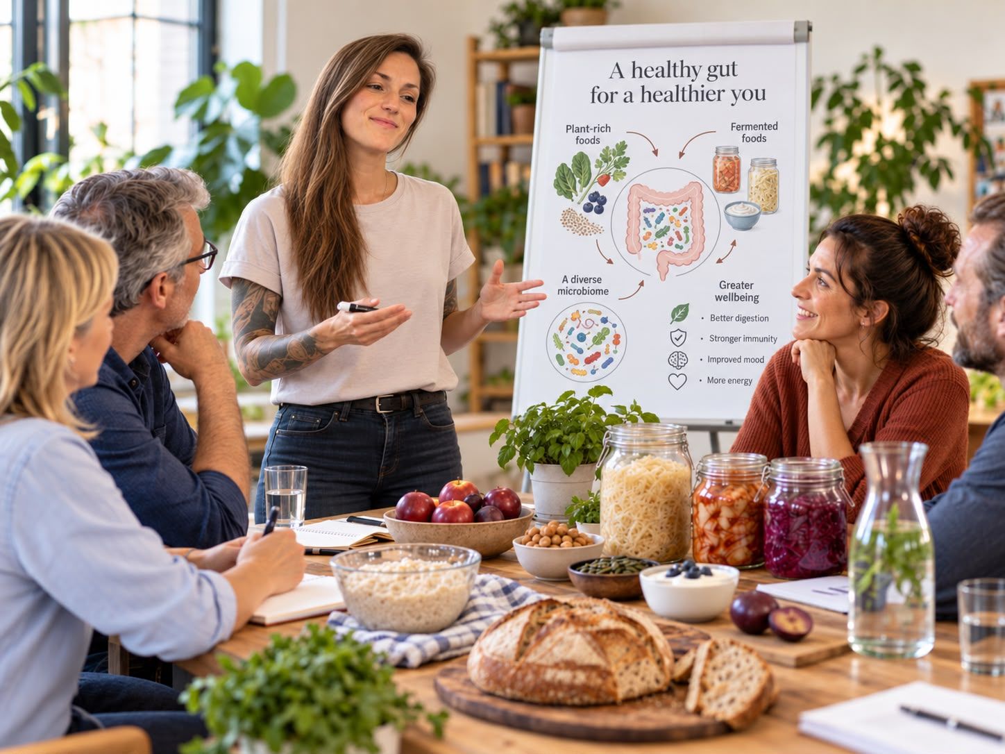 Eine Referentin spricht vor einem Flipchart mit einer Grafik zum Darmmikrobiom zu einer kleinen Gruppe; auf dem Tisch stehen Brot, Obst und Gläser mit fermentiertem Gemüse.