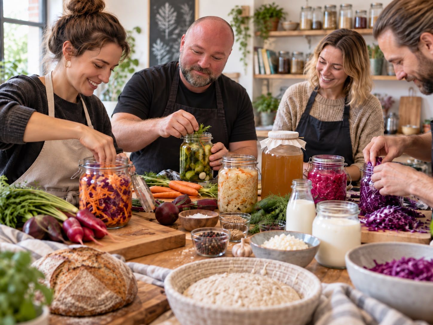 Vier Erwachsene in Schürzen füllen an einem Holztisch Gläser mit Kraut, Möhren und Gurken; daneben stehen Kombucha, Kefir und ein Sauerteigbrot.