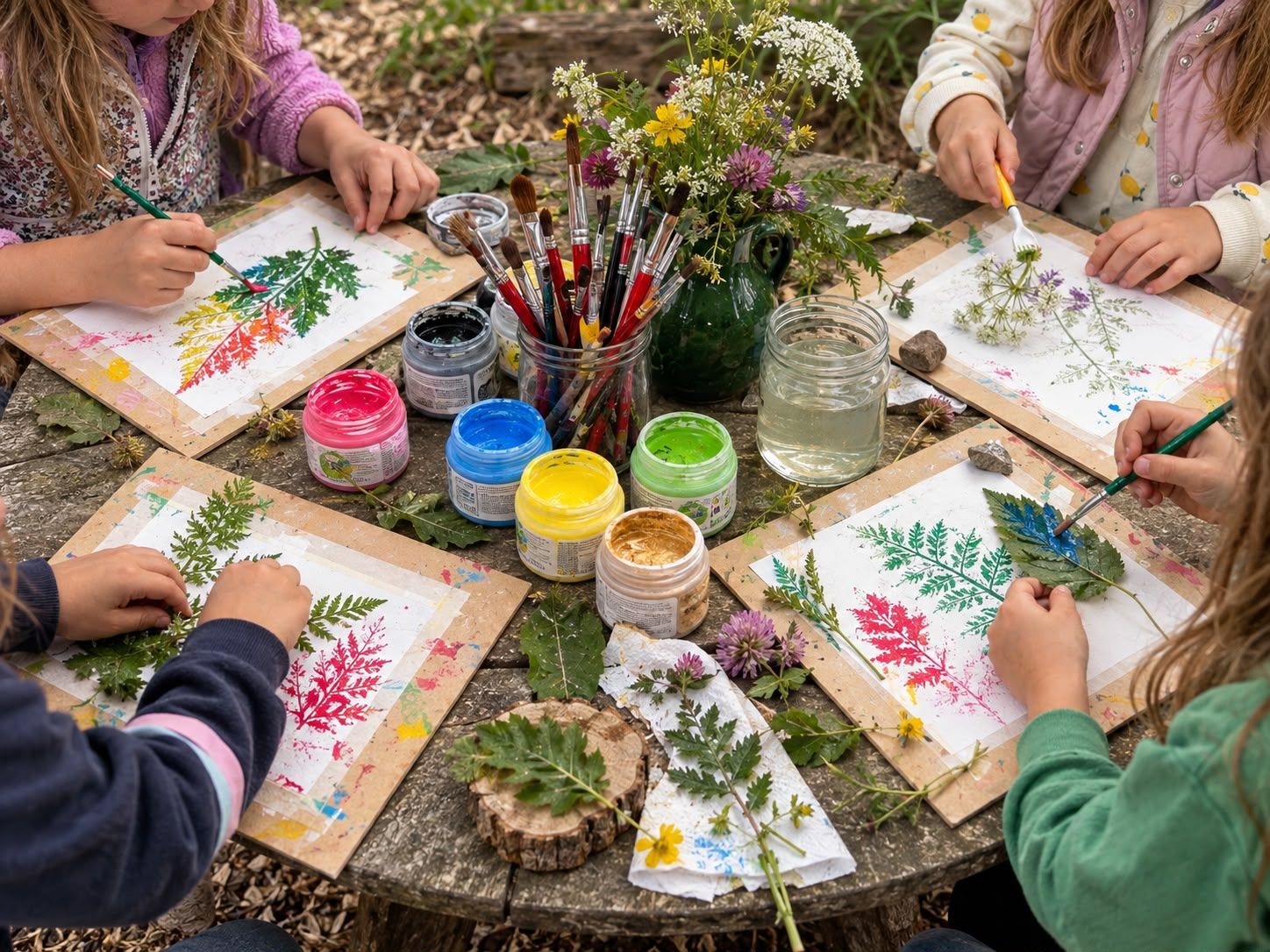 Kinderhände gestalten an einem runden Holztisch im Freien Blätterdrucke mit bunten Farben; in der Mitte stehen Farbtöpfe, Pinsel und ein Wiesenblumenstrauß.