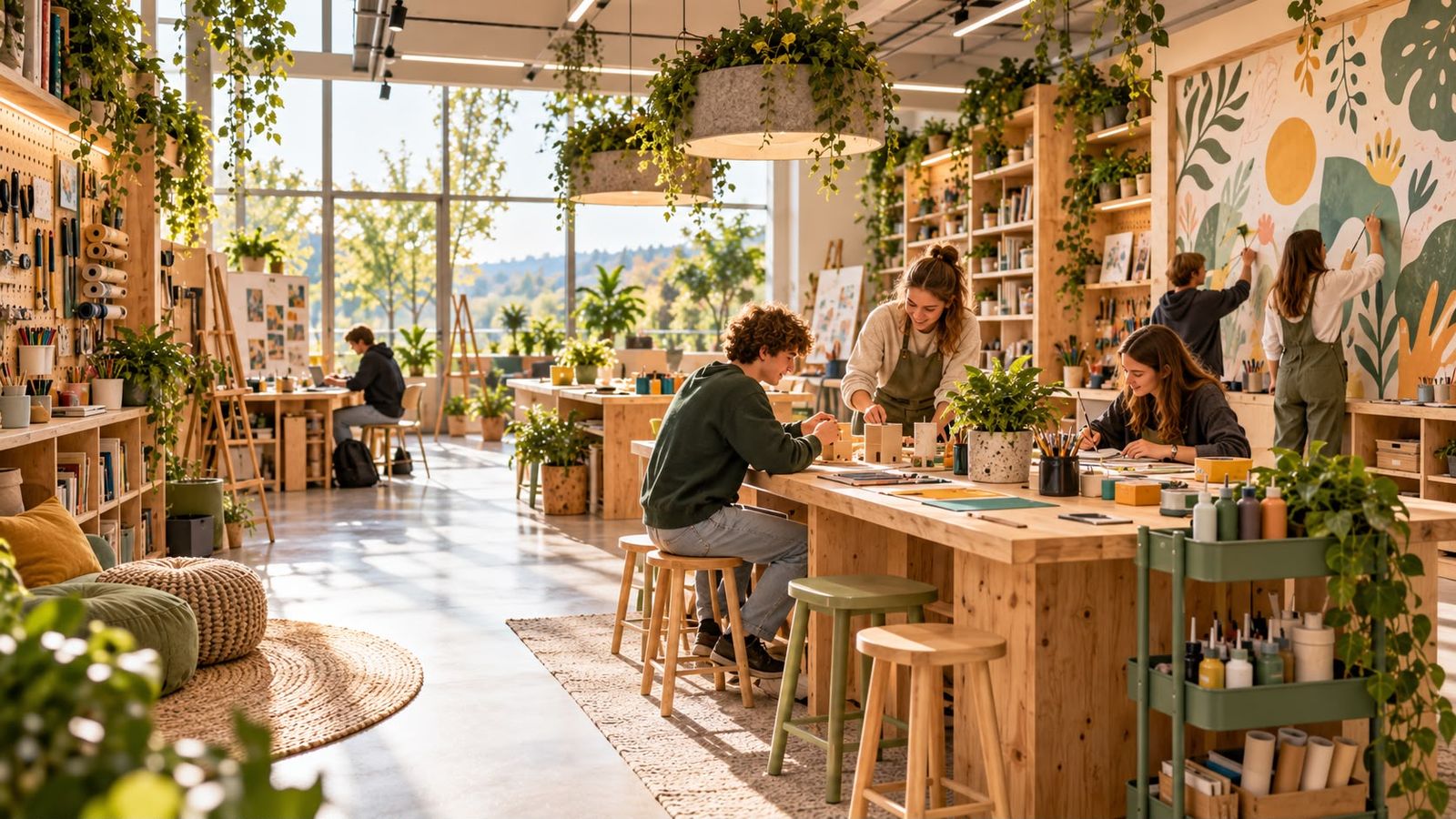 Werkstatt in einem hellen Lernraum: Junge Menschen bauen an einem langen Holztisch Modelle, zeichnen und bemalen gemeinsam ein großes Wandbild.