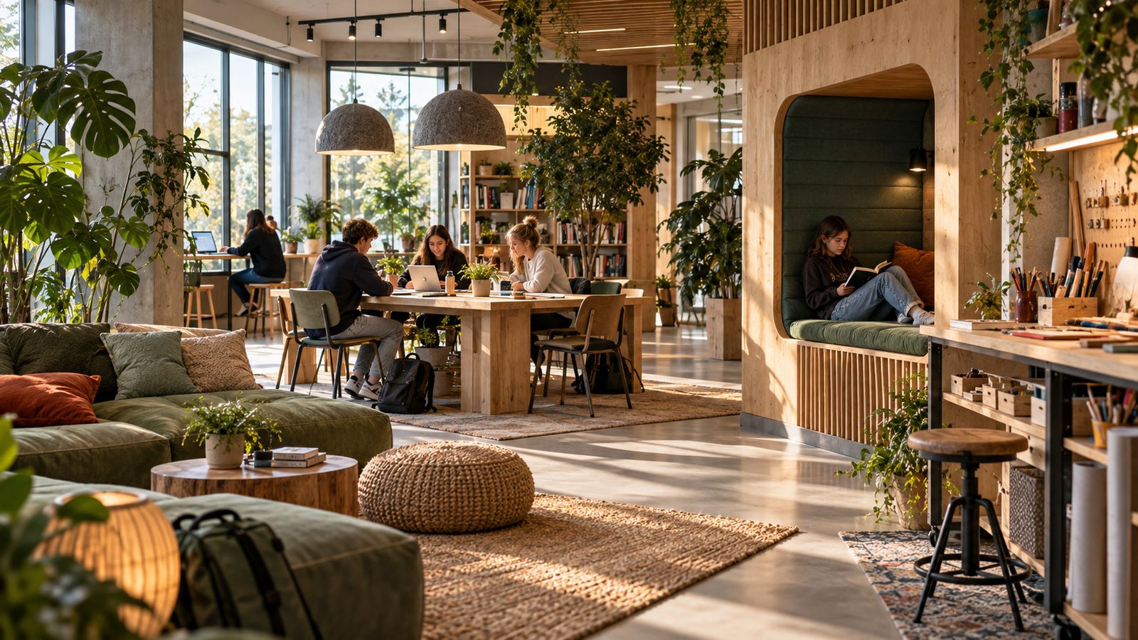 Lernlandschaft mit Sofas, Arbeitstisch und Lesenische: Jugendliche arbeiten gemeinsam am Laptop, eine Schülerin liest in einer gepolsterten Nische.