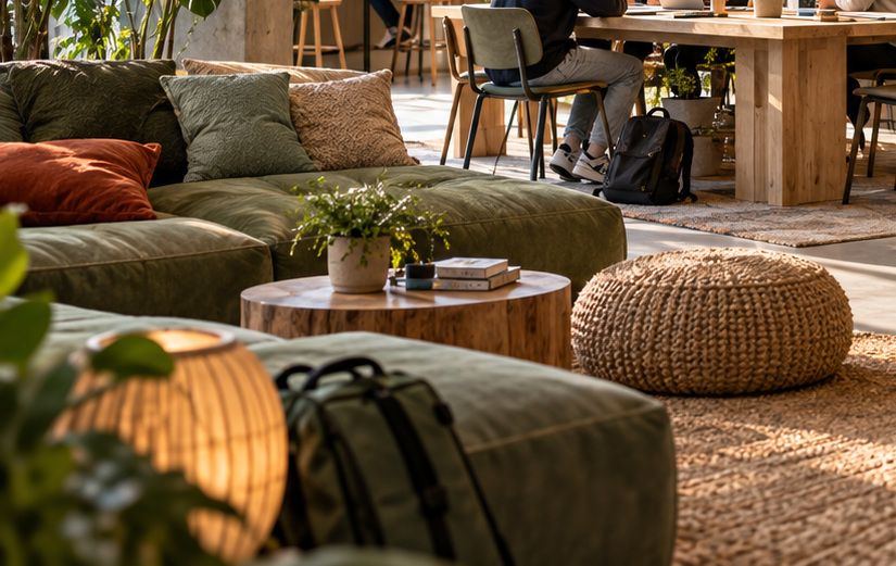 Sitzecke mit grünen Polstern, Holztisch und Strickhocker; im Hintergrund arbeiten Menschen an einem langen Tisch.