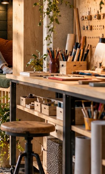 Werkbank aus Holz mit Stiften, Pinseln, Papierrollen und kleinen Holzkisten, davor ein runder Hocker.
